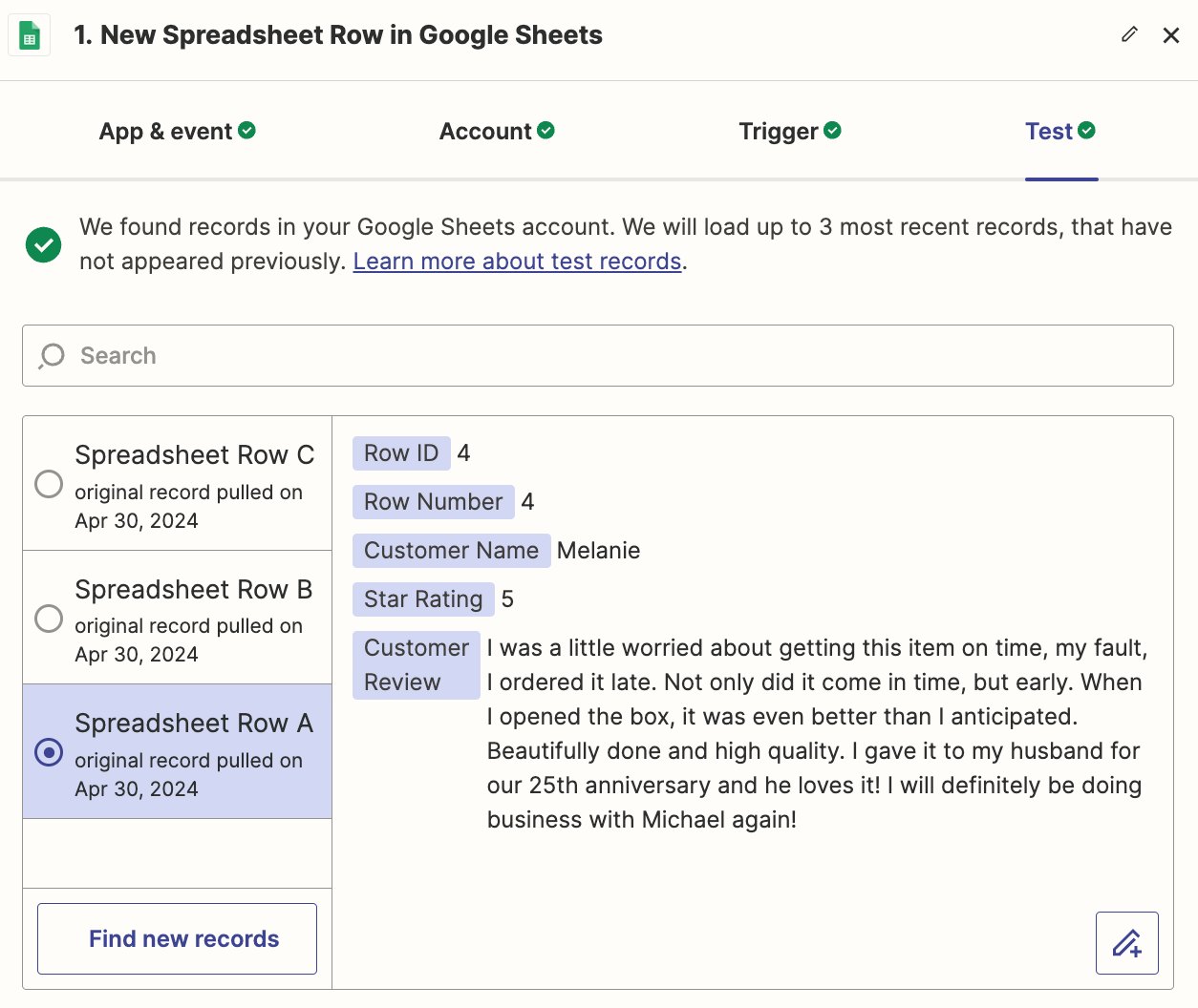 A set of sample data from Google Sheets in the Zap editor.