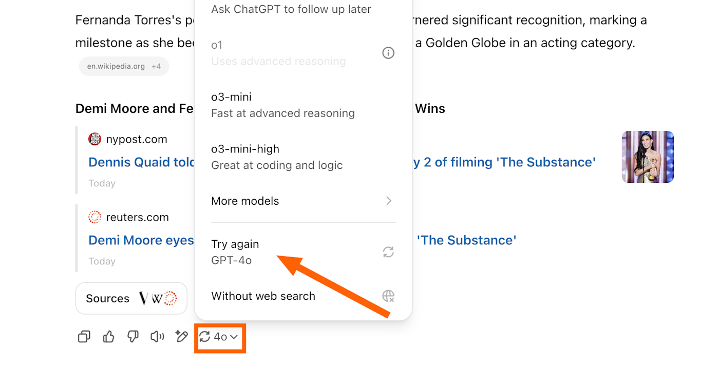 ChatGPT response with an expanded view of the switch model icon. The option to try again is highlighted. 