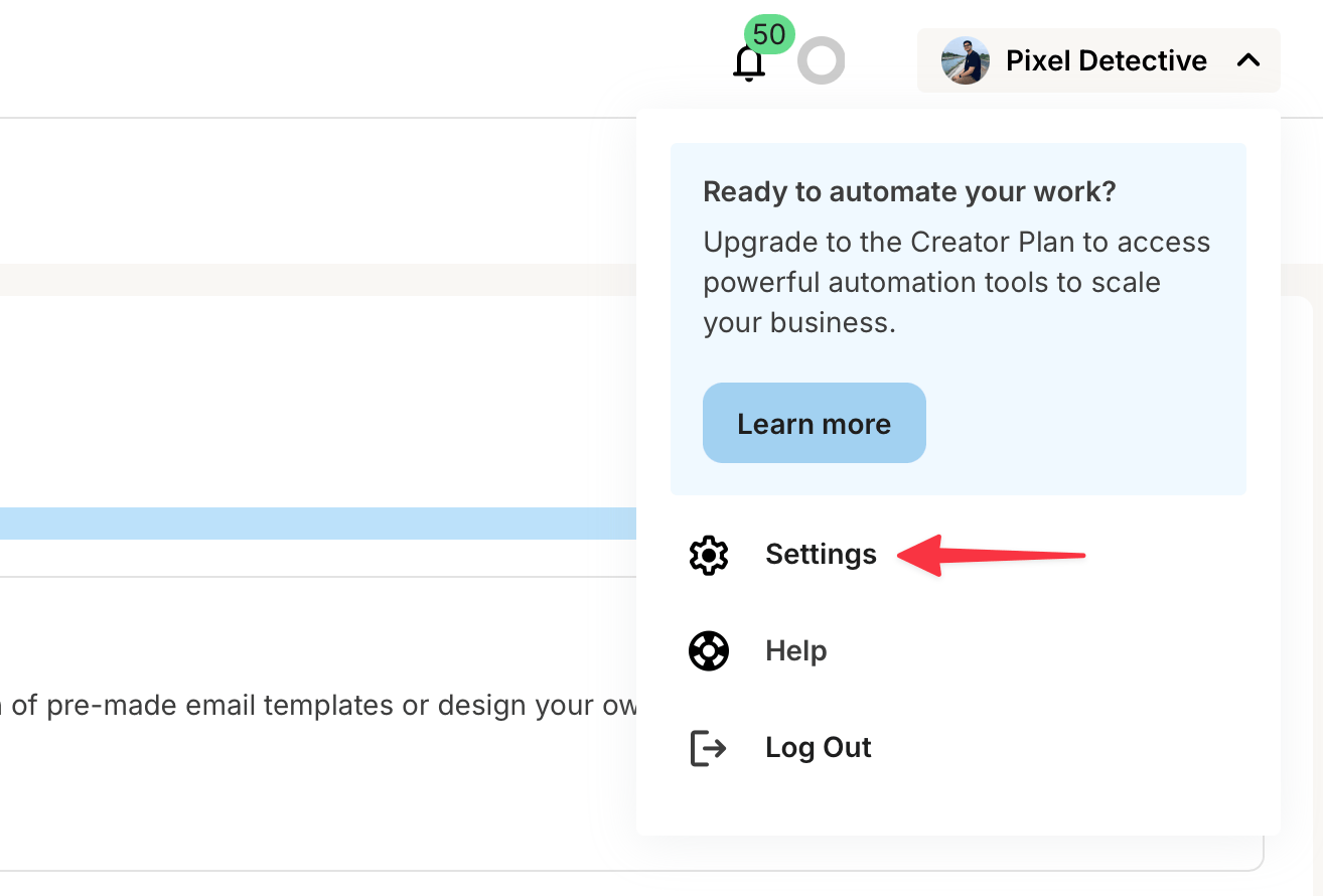 A red arrow points to the Settings tab in a Kit account.