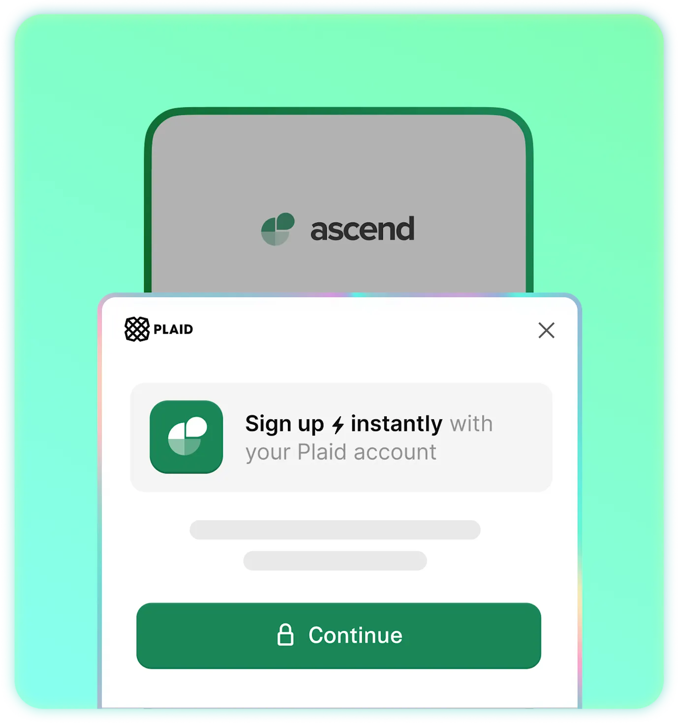 Plaid-powered sign-up screen for Ascend, prompting users to register instantly with their Plaid account. The interface features a green 'Continue' button with a lock icon, ensuring secure authentication. The background includes a gradient green design, emphasizing digital banking, financial integration, and seamless account access.