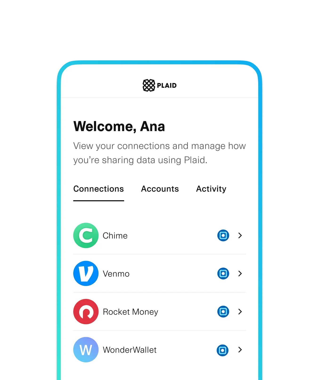 Plaid account dashboard for user Ana, displaying connected financial services. The interface includes tabs for 'Connections,' 'Accounts,' and 'Activity.' Listed connections include Chime, Venmo, Rocket Money, and WonderWallet, each with an icon and a linked account verification symbol. The clean, minimalistic design emphasizes secure financial data management.