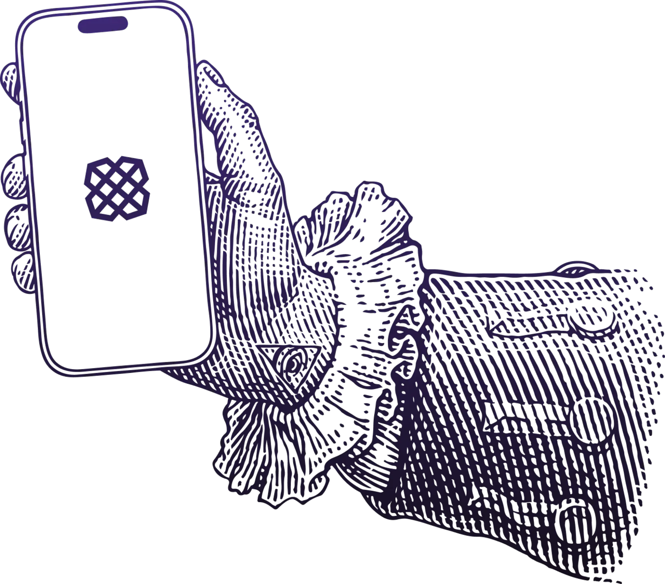 Illustration of a vintage-style hand in ruffled attire holding a modern smartphone displaying the Plaid logo. The background is a vibrant gradient from blue to purple, symbolizing the blend of historical and modern technology in the fintech space.