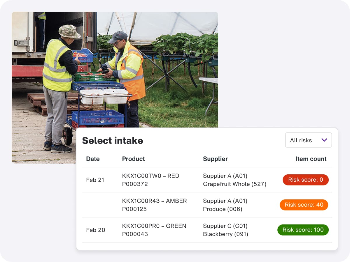 Product screenshot featuring a man and woman in vests, promoting food safety and quality management software.