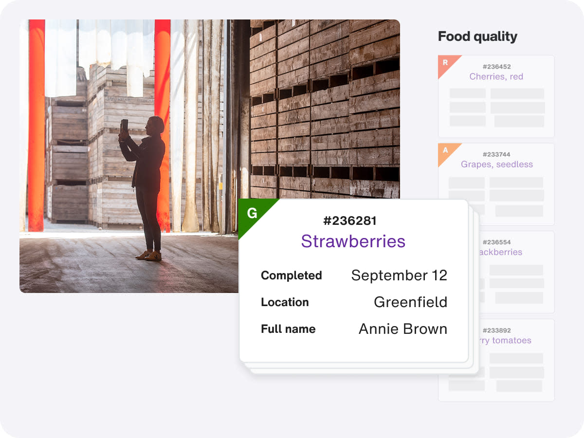 Product screenshot showing a person in front of a warehouse, focused on food safety and quality management solutions.