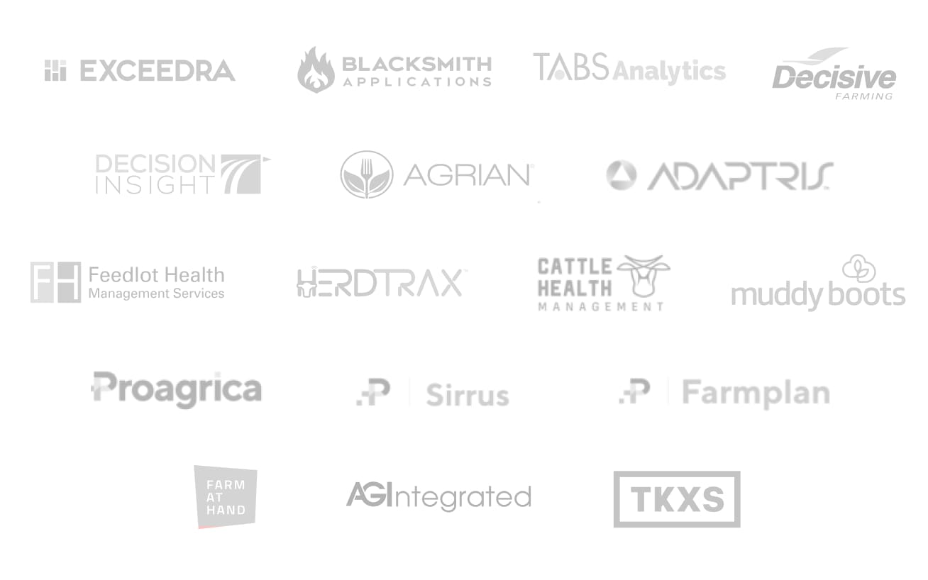 Exceedra, Blacksmith applications, TABS analytics, Decisive Farming, Decision Insight, Agrian, Adaptris, feedlot helath, herdtrax, cattle health management, muddy boots, proagrica, sirrus, farmplan, farm at hand, AGIntegrated, TKXS