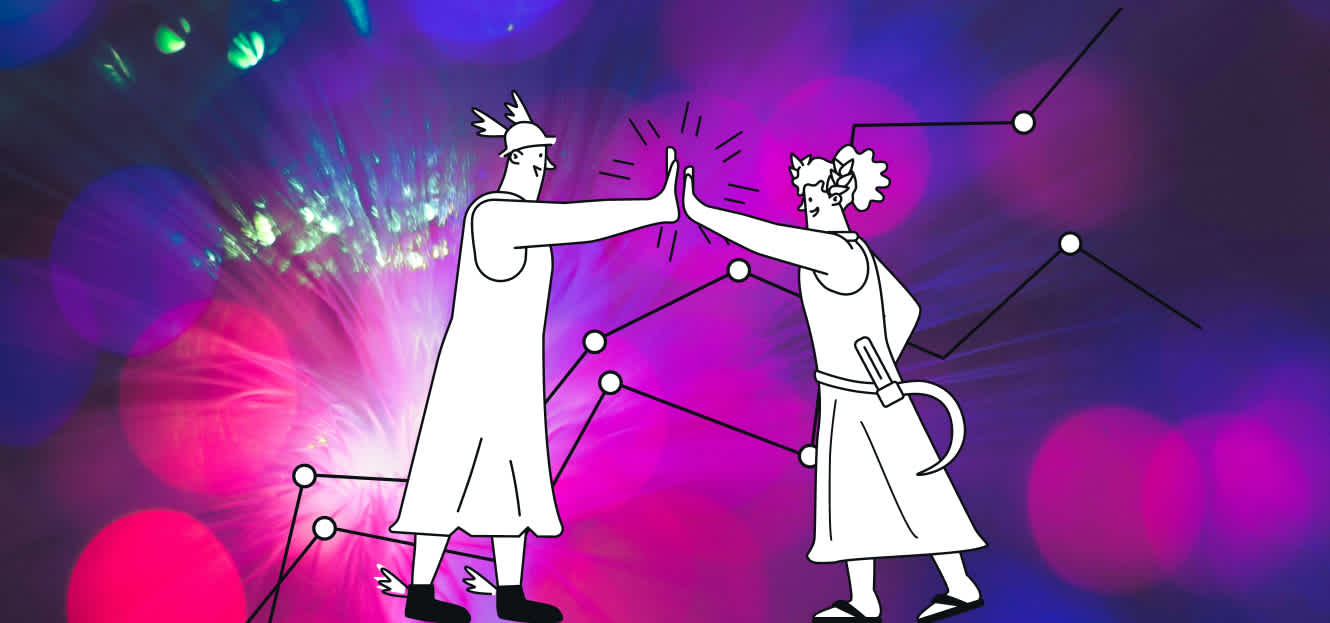 A Greek god and goddess doing a high five