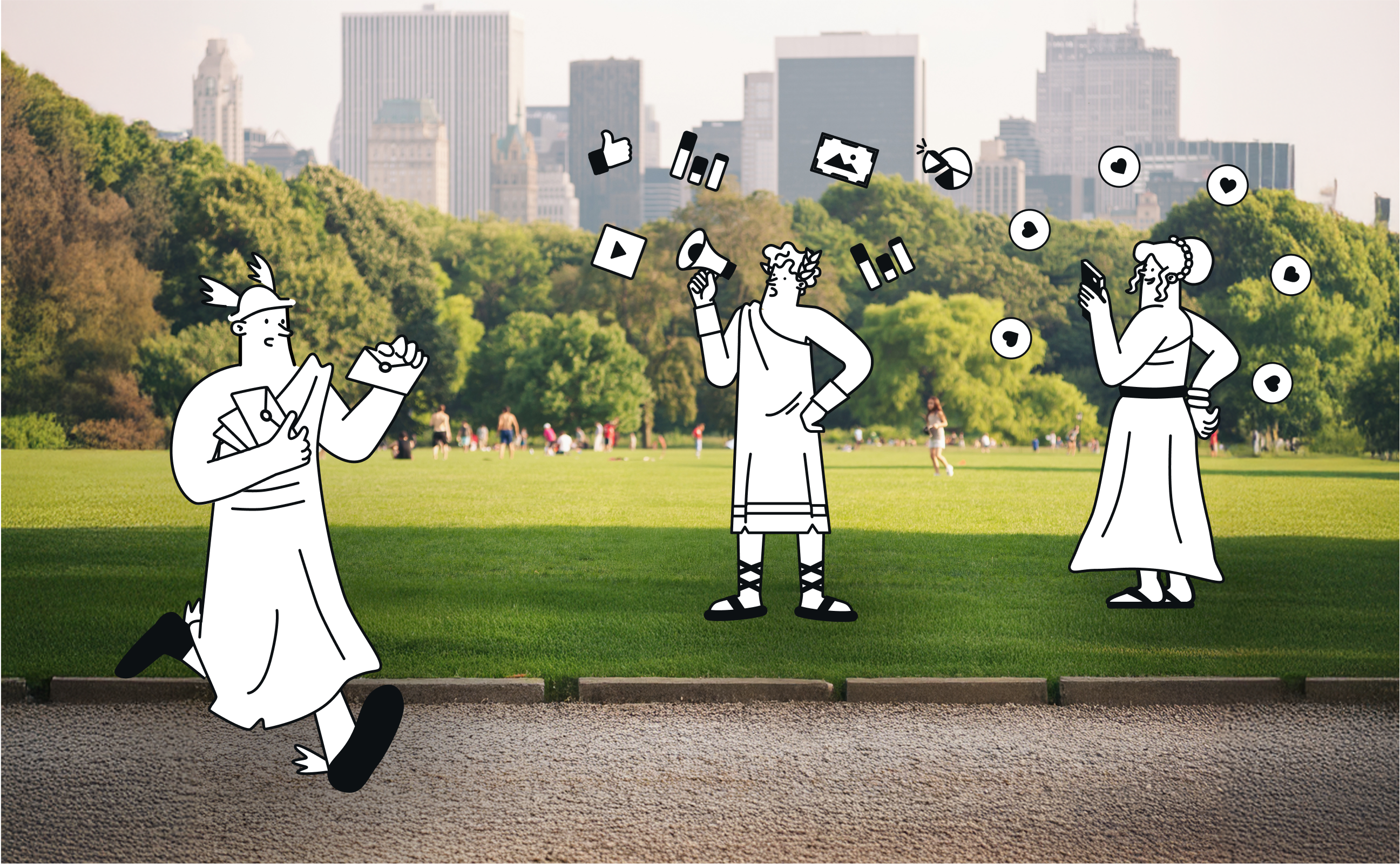 Tres dioses y diosas griegas en el parque de una ciudad mientras envían campañas de email para generar interacciones.